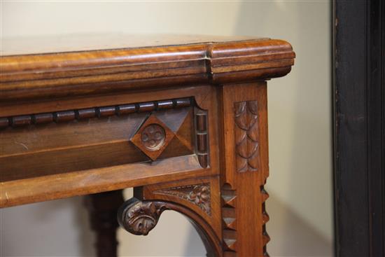 A Victorian Gothic revival walnut and marquetry rectangular card table, in the manner of Lamb of Manchester, W.3ft 2in.